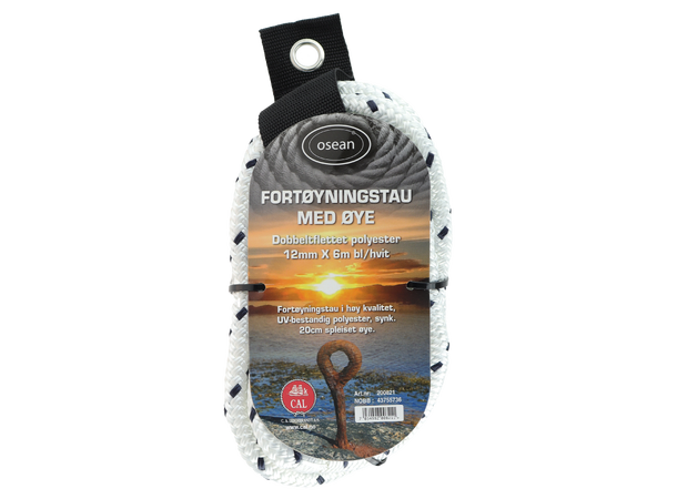 Fortøyningstau m/øye - Hvit / Blå 12 mm - 6m - Flettet 