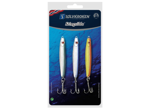 Sølvkroken sluksett Stingsild 3pk - 28gr Sølv / Grønn, Sølv / Blå, Gul / Oransje 
