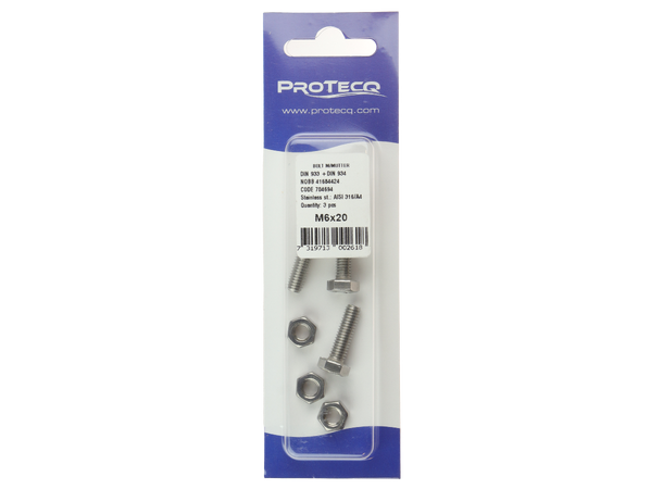 Bolt med mutter - 3 pk A4 6x20mm 3pk 