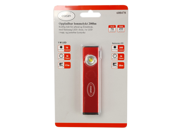 Osean LED 200 - LED Lommelykt 200 Lumen - Oppladbar 
