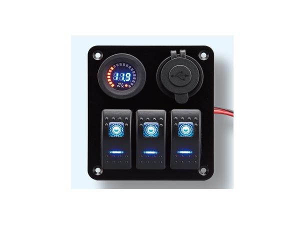 Bryterpanel m/voltmeter og USB uttak 3-veis 