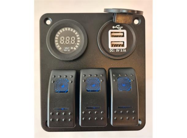 Bryterpanel m/voltmeter og USB uttak 3-veis