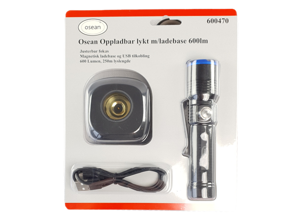 Osean Oppladbar lykt m/ladebase 600lm