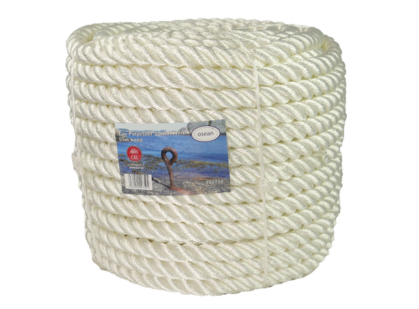 Tau Polyester - Hvit 20 mm - 55m - Kveil 