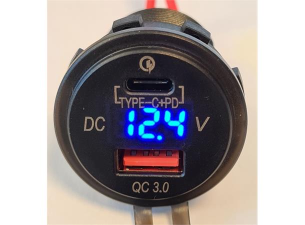 USB Uttak med USB C+ PD + QC 12-24v