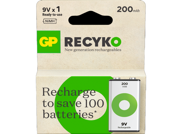 GP ReCyko 9v-batteri 200mAh - 1pk Oppladbart NiMH 20R8H-2WB1 
