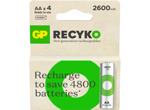 GP ReCyko AA-batteri 2600mAh - 4pk Oppladbart NiMH 1,2v 