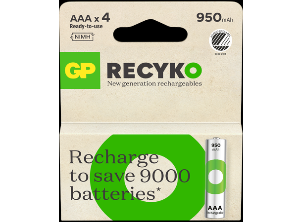 GP ReCyko AAA-batteri, 950mAh - 4pk Oppladbart NiMH 1,2v 