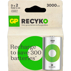 GP ReCyko D-batteri 3000mAh - 2pk Oppladbart NiMH 1,2v LR-20