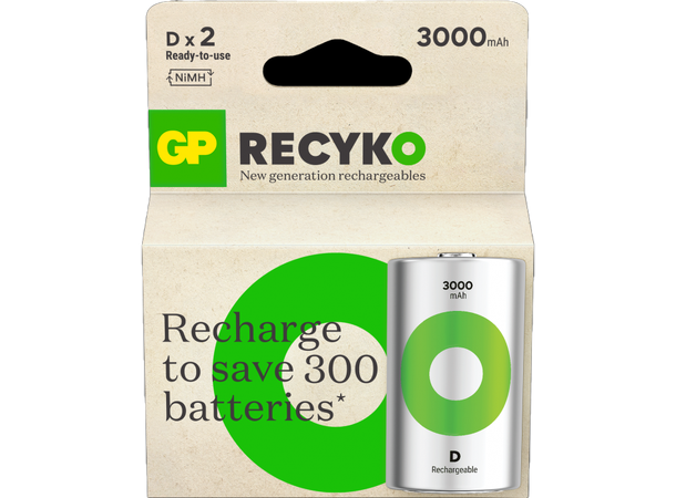 GP ReCyko D-batteri 3000mAh - 2pk Oppladbart NiMH 1,2v LR-20 