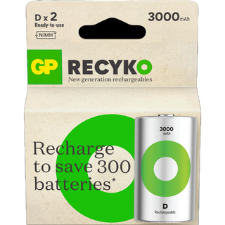 GP ReCyko D-batteri 3000mAh - 2pk Oppladbart NiMH 1,2v LR-20