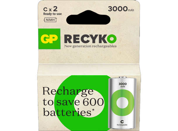 GP ReCyko C-batteri 3000mAh - 2pk Oppladbart NiMH 1,2v LR-14 