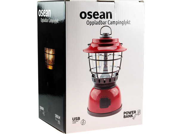 Osean Campinglykt m/ powerbank Rød / Svart - 2 farger LED - Oppladbar 