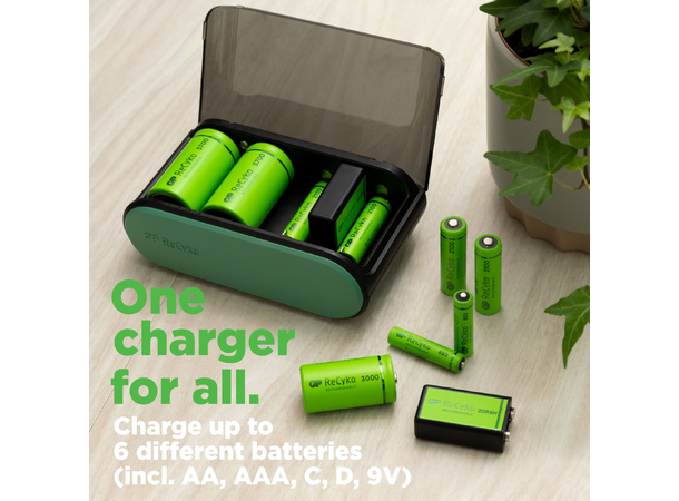 GP ReCyko Universal batterilader Lader AAA, AA, C, D, 9 V NiMH-batterier 