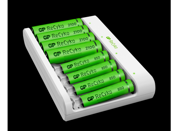 GP ReCyko USB Batterilader, for 8 bat. Inkl. 4xAA2100mAh + 4xAAA 850mAh batt.
